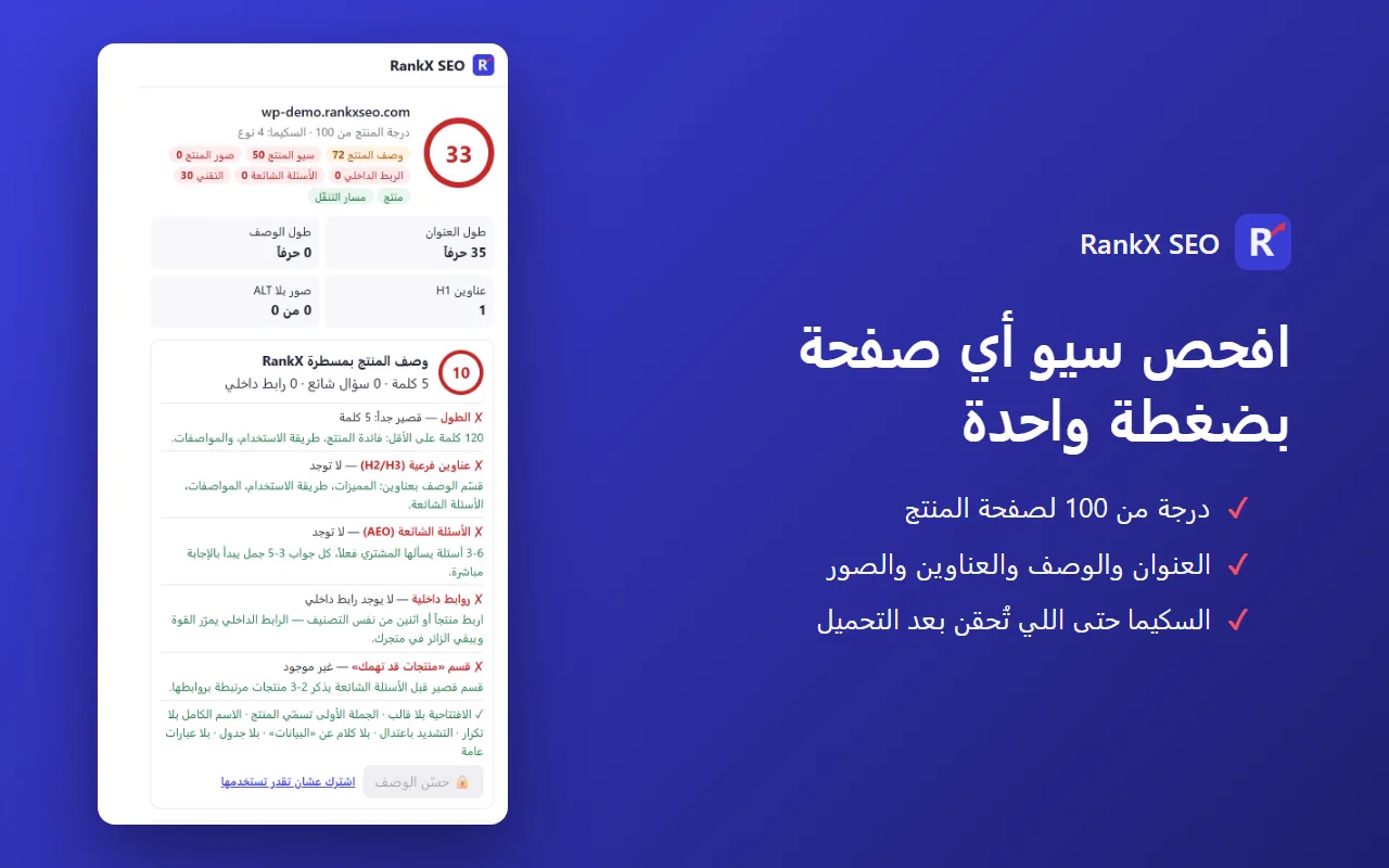 درجة صفحة المنتج من 100 مقسومة على الوصف والسيو والصور والربط الداخلي