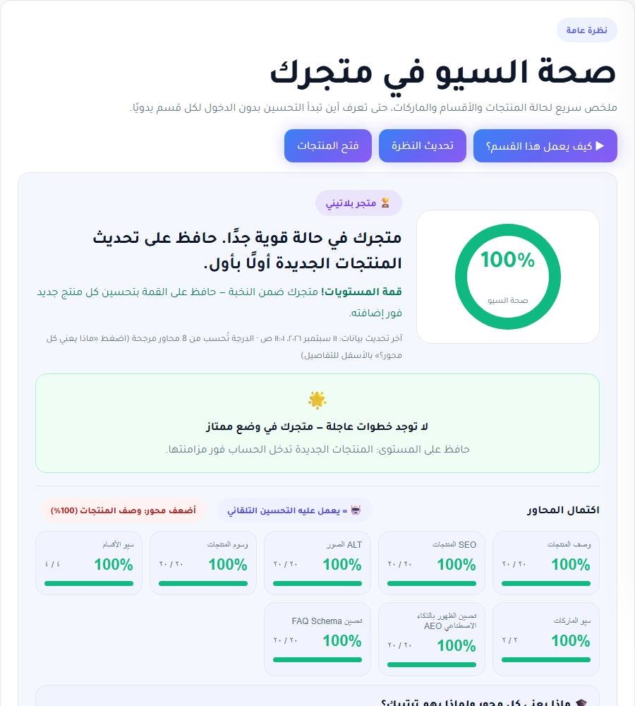 لوحة RankX SEO — صحة السيو في متجرك