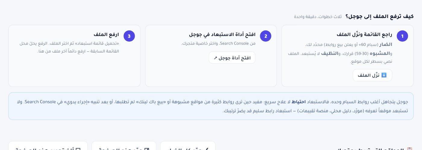 ثلاث خطوات لرفع ملف الاستبعاد في Search Console، وتنبيه صريح أن الاستبعاد احتياط