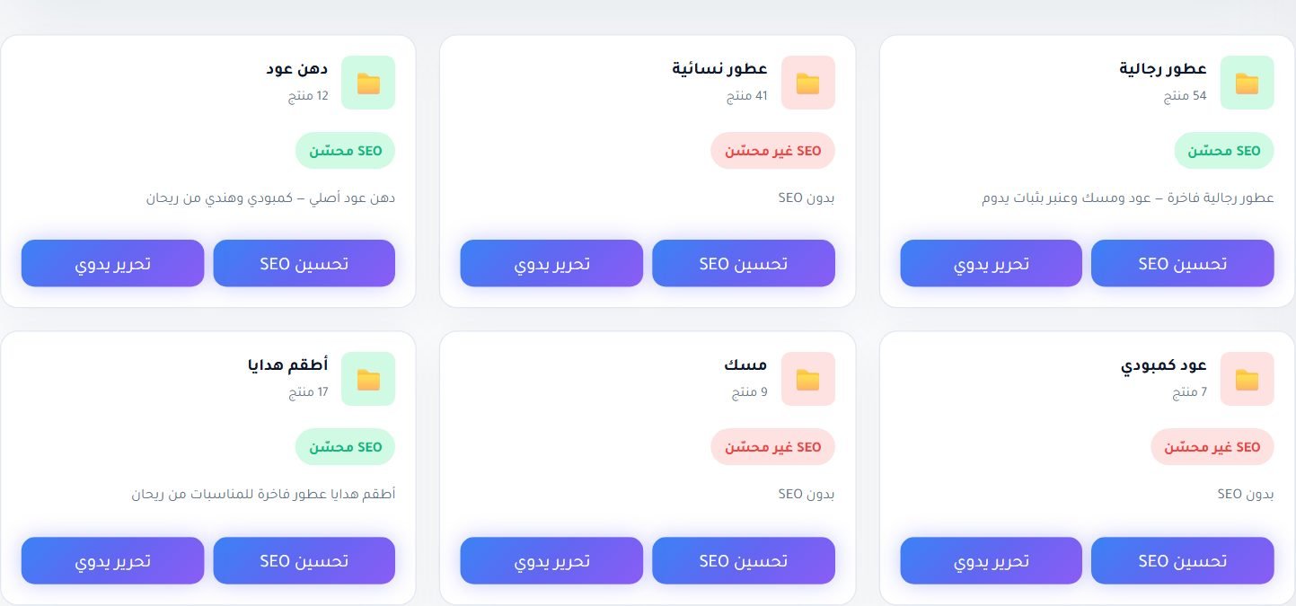 بطاقات التصنيفات: عدد المنتجات وحالة SEO وأزرار التحسين والتحرير اليدوي