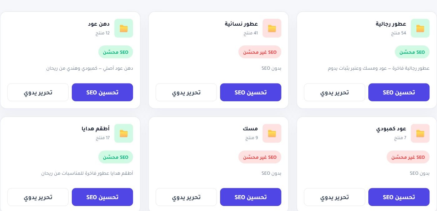 بطاقات التصنيفات: عدد المنتجات وحالة SEO وأزرار التحسين والتحرير اليدوي