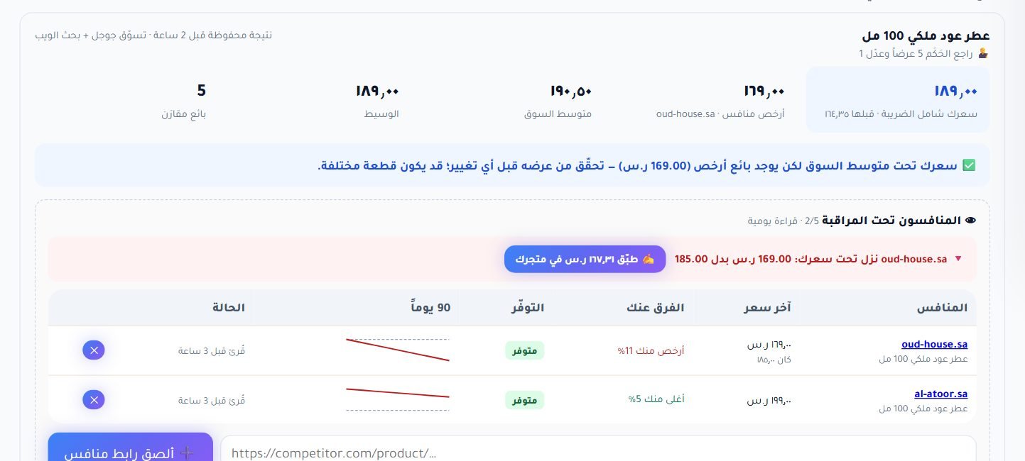 نتيجة القياس: سعرك بجانب أرخص منافس ومتوسط السوق والوسيط، والتوصية