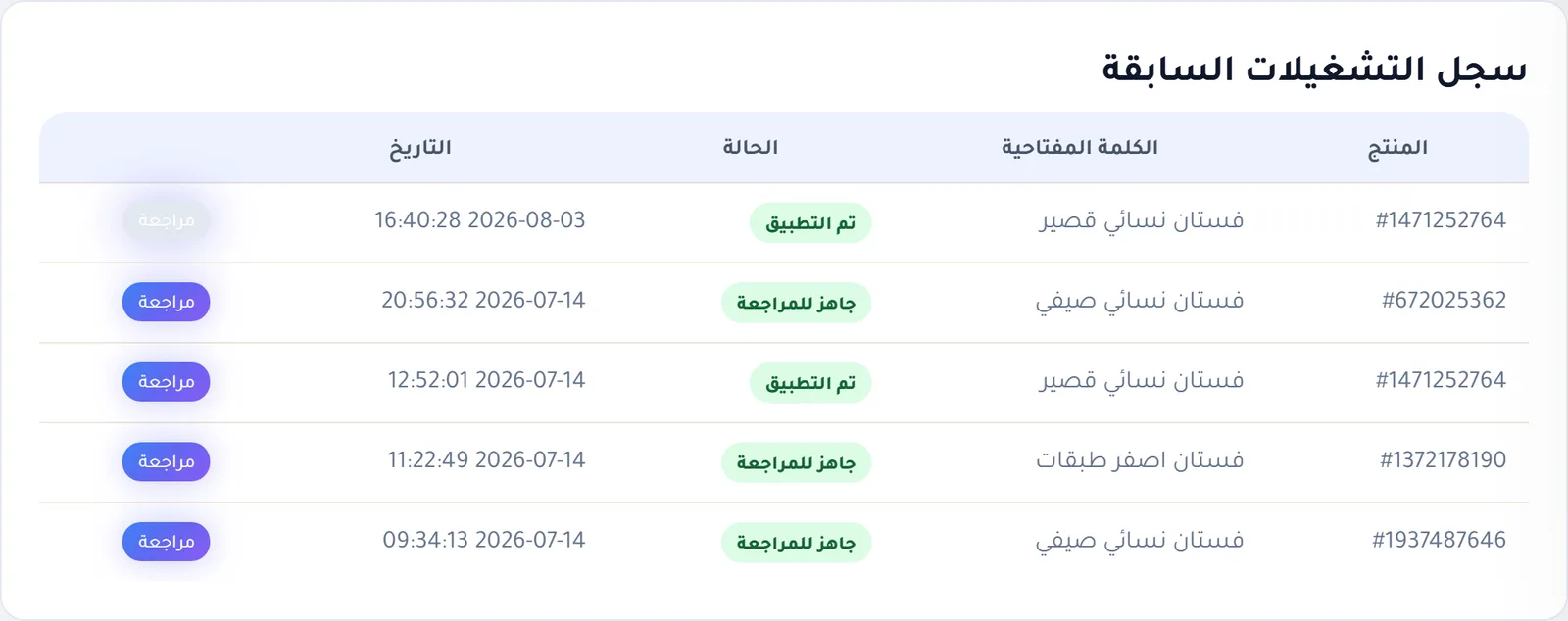سجل التشغيلات السابقة في قسم تحسين منتج بكلمة مفتاحية مع حالة كل تشغيلة