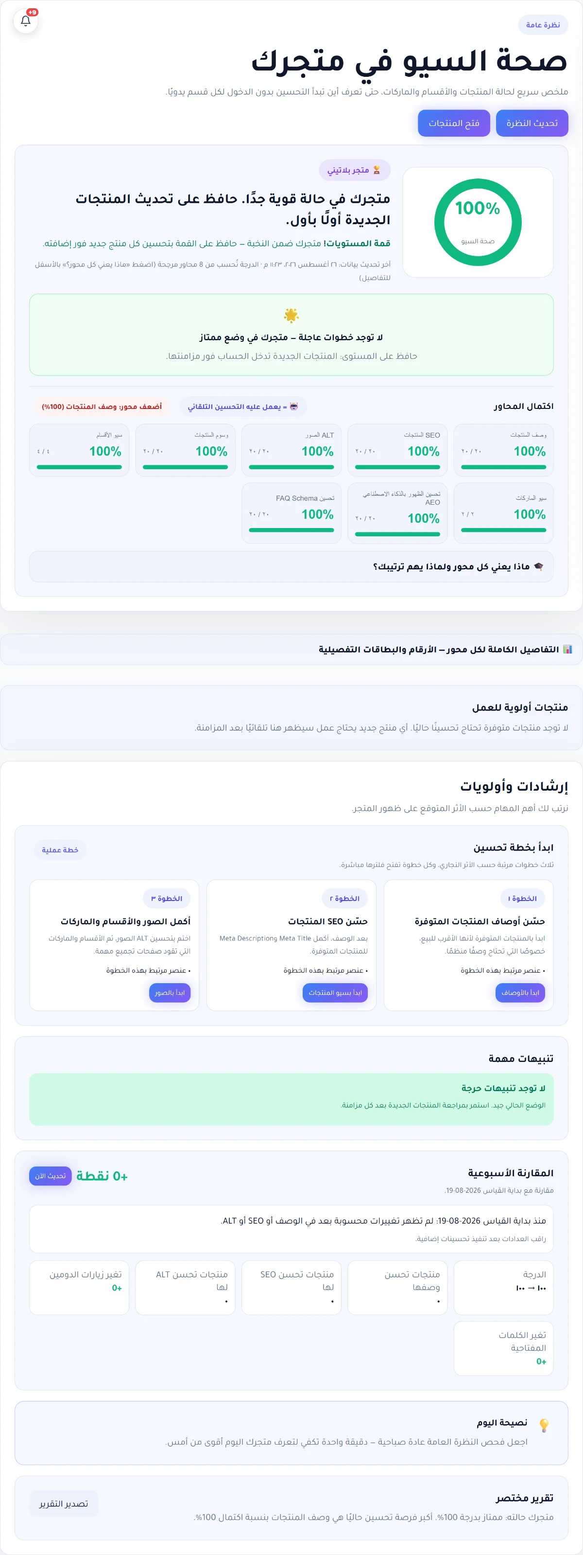 لوحة صحة السيو في RankX SEO: درجة الصحة من 100 ومحاور التحسين الثمانية وخطة العمل المرتبة