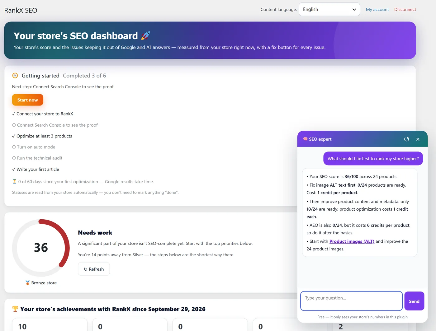 The RankX SEO "Ask the SEO expert" assistant answering from the store's own numbers and linking to the right screen