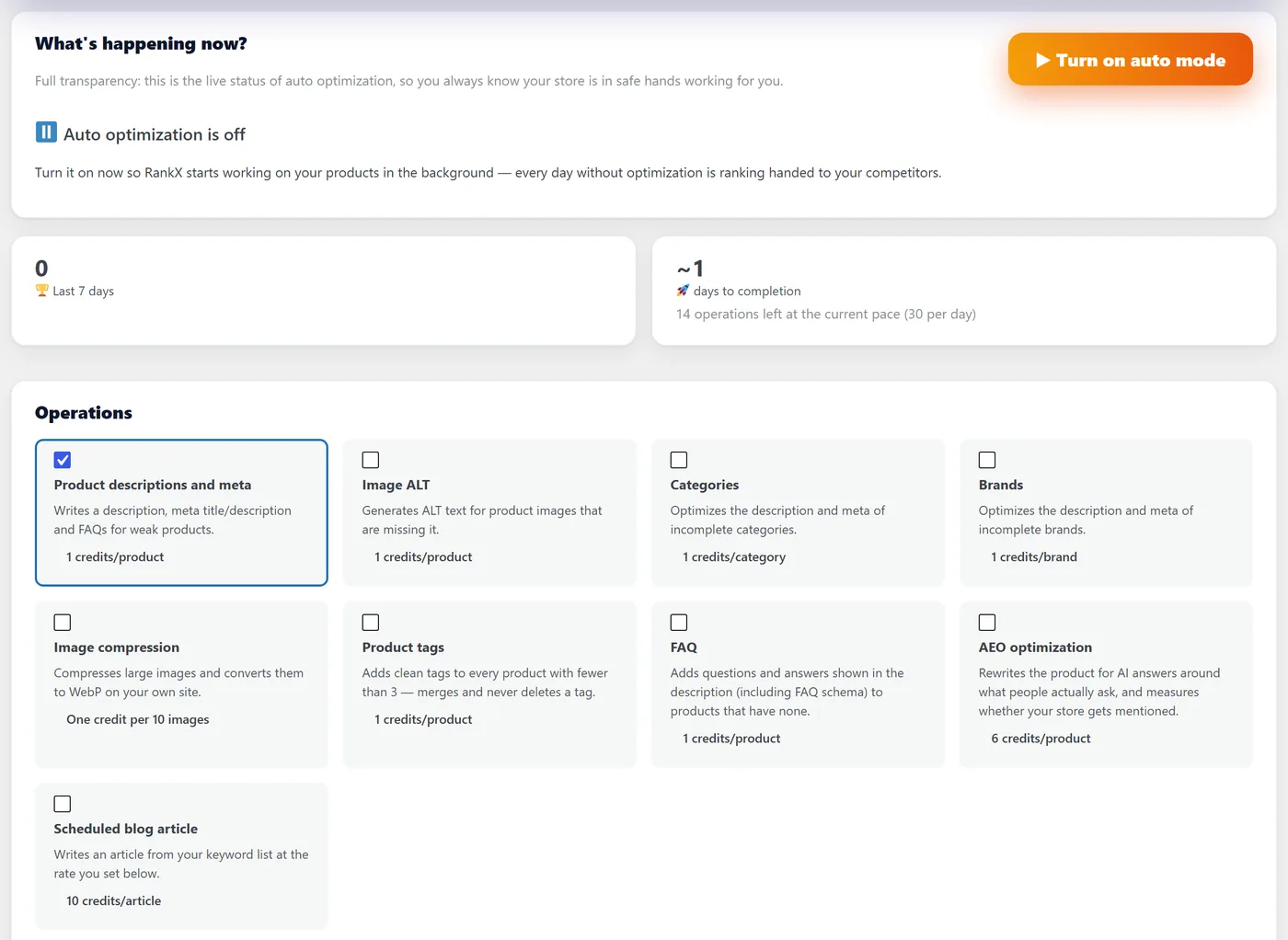 RankX SEO auto mode: live status, the last 7 days of work and the operations the store owner turns on