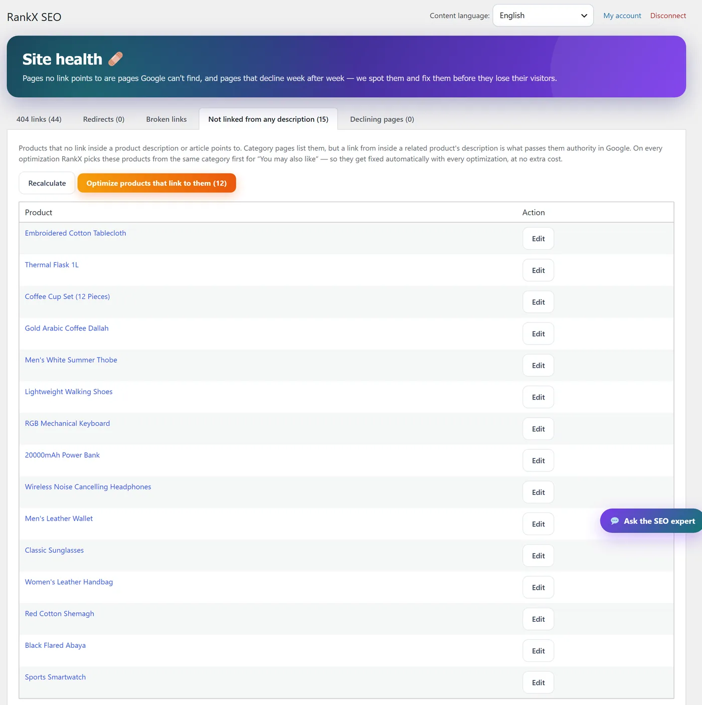 RankX SEO site health: products that no description links to, with a button to optimize the products that should link to them