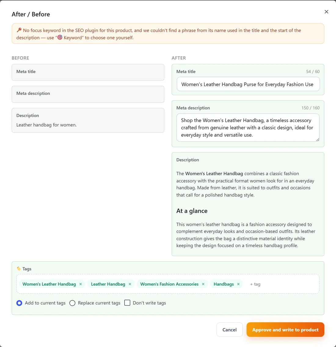 RankX SEO before and after preview: a product listing rewritten with a new meta title, meta description, description and tags