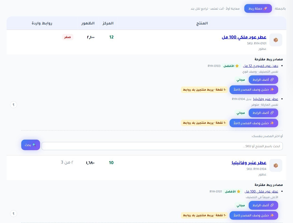 تبويب على بعد مركزين في قسم الروابط الداخلية: منتج في المركز 12 بظهور 2,100 وصفر روابط واردة، مع مصادر ربط مقترحة وزر أضف الرابط المجاني