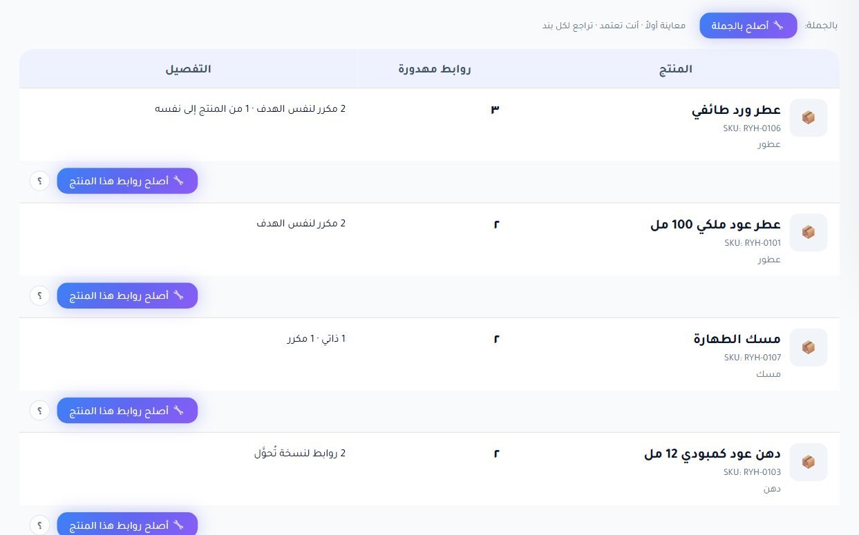 تبويب روابط مهدورة: روابط في أوصاف المنتجات تربط لنفسها أو مكررة لنفس الهدف أو لنسخة تحول من العنوان، مع زر أصلح روابط هذا المنتج