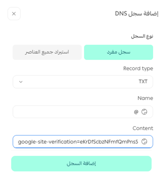 لصق رمز التحقق من Google Search Console داخل سجل DNS في سلة