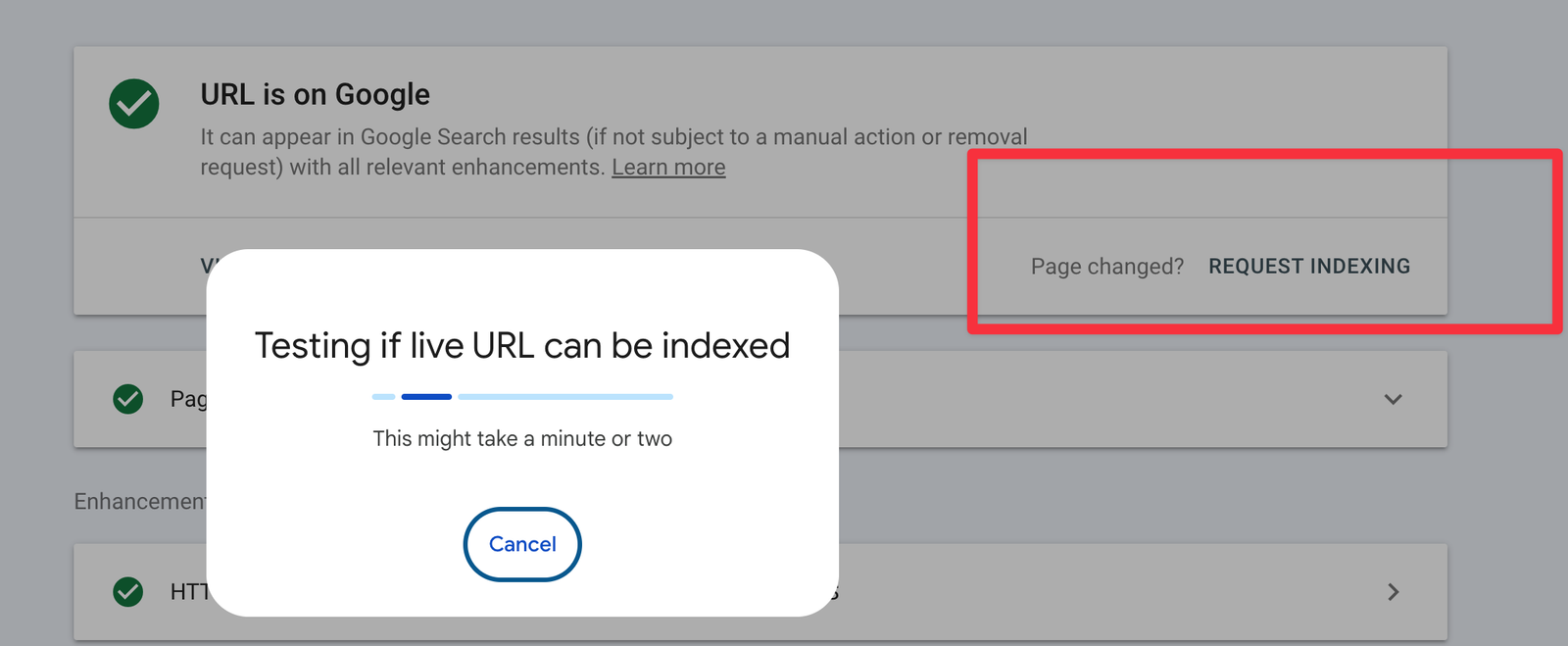 زر Request Indexing لطلب إعادة فهرسة صفحة في Google Search Console