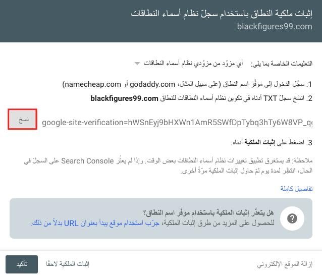 نسخ سجل التحقق من Google Search Console لإضافته في DNS سلة