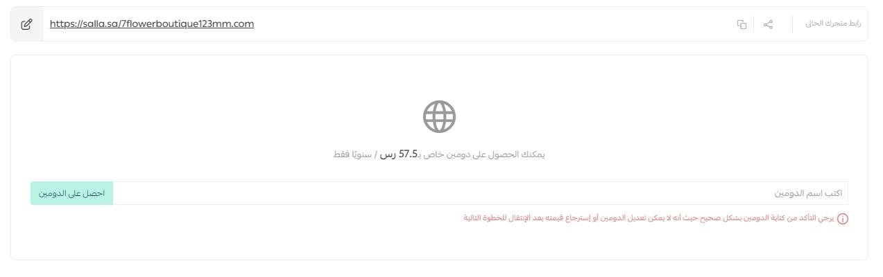 حقل كتابة اسم الدومين الجديد في صفحة إعدادات الدومين بسلة